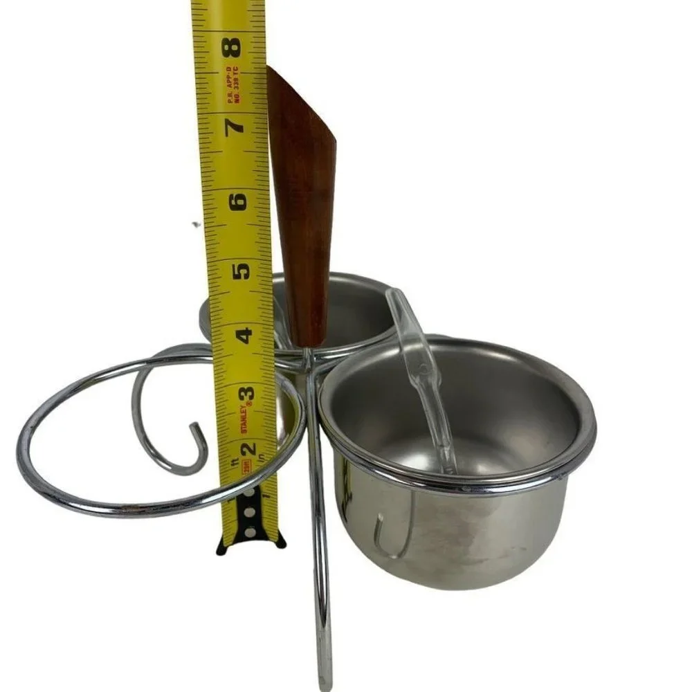 Vintage Midcentury 3 Bowl Condiment Caddy Metal Wood Handle Plastic Spoons‎